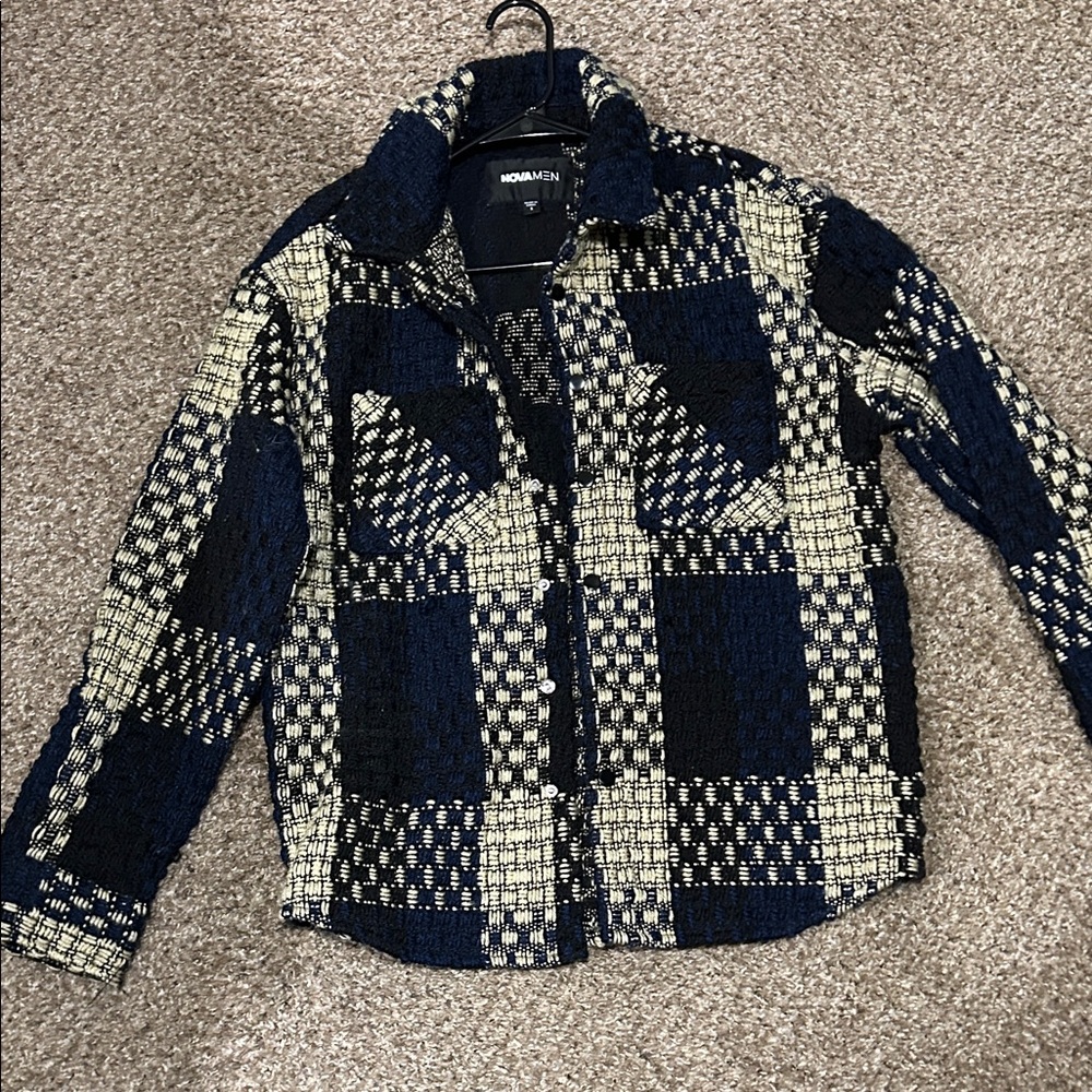 Fashion Nova Blue and Cream Checkered Jacket